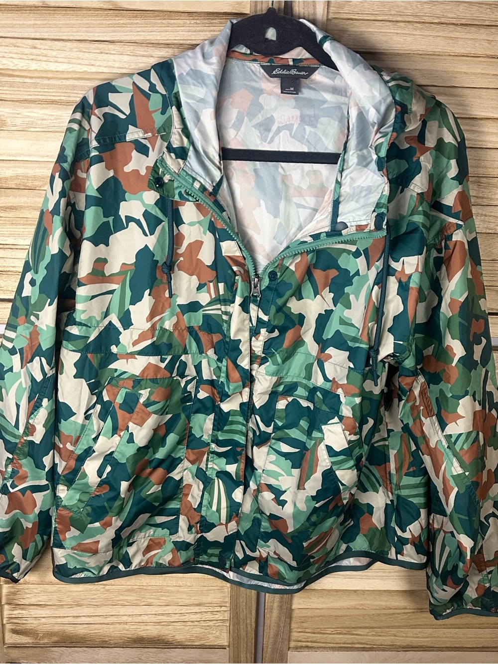 Eddie Bauer Green Brown Cream Camo Hooded Bomber Jacket